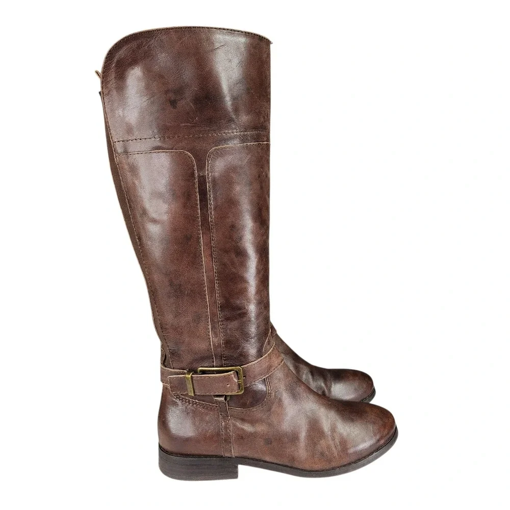 Marc Fisher Riding Boots 7M Women Stretch Zip Brown Leather Knee High Equestrian